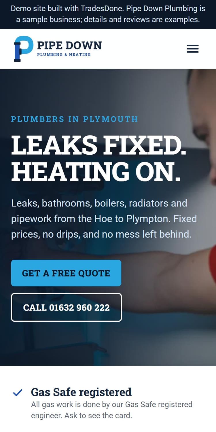 Pipe Down Plumbing website on a phone